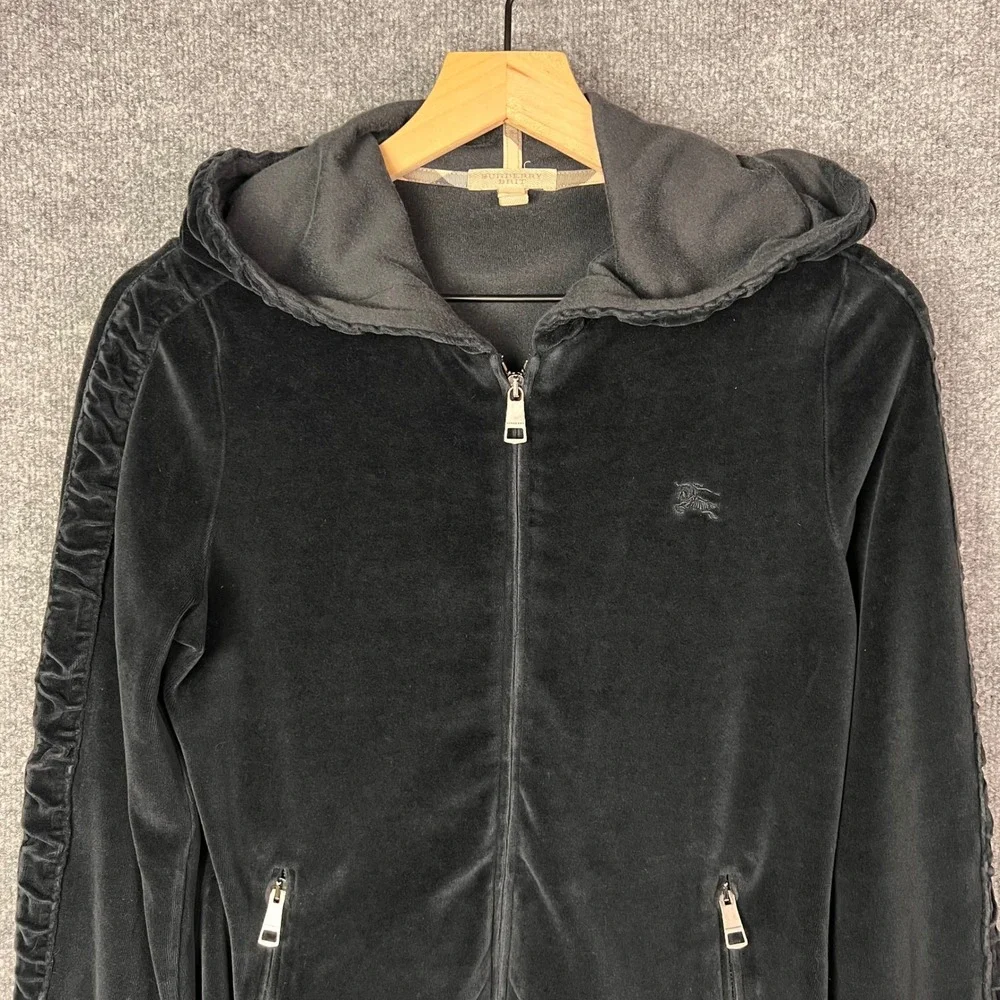 Burberry Hoodie Women Size M Black Excellent Velour Full Zip Ruffle Sleeve Brit - Picture 3 of 9